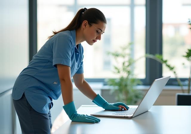 Personal de limpieza profesional higienizando una oficina moderna en Madrid